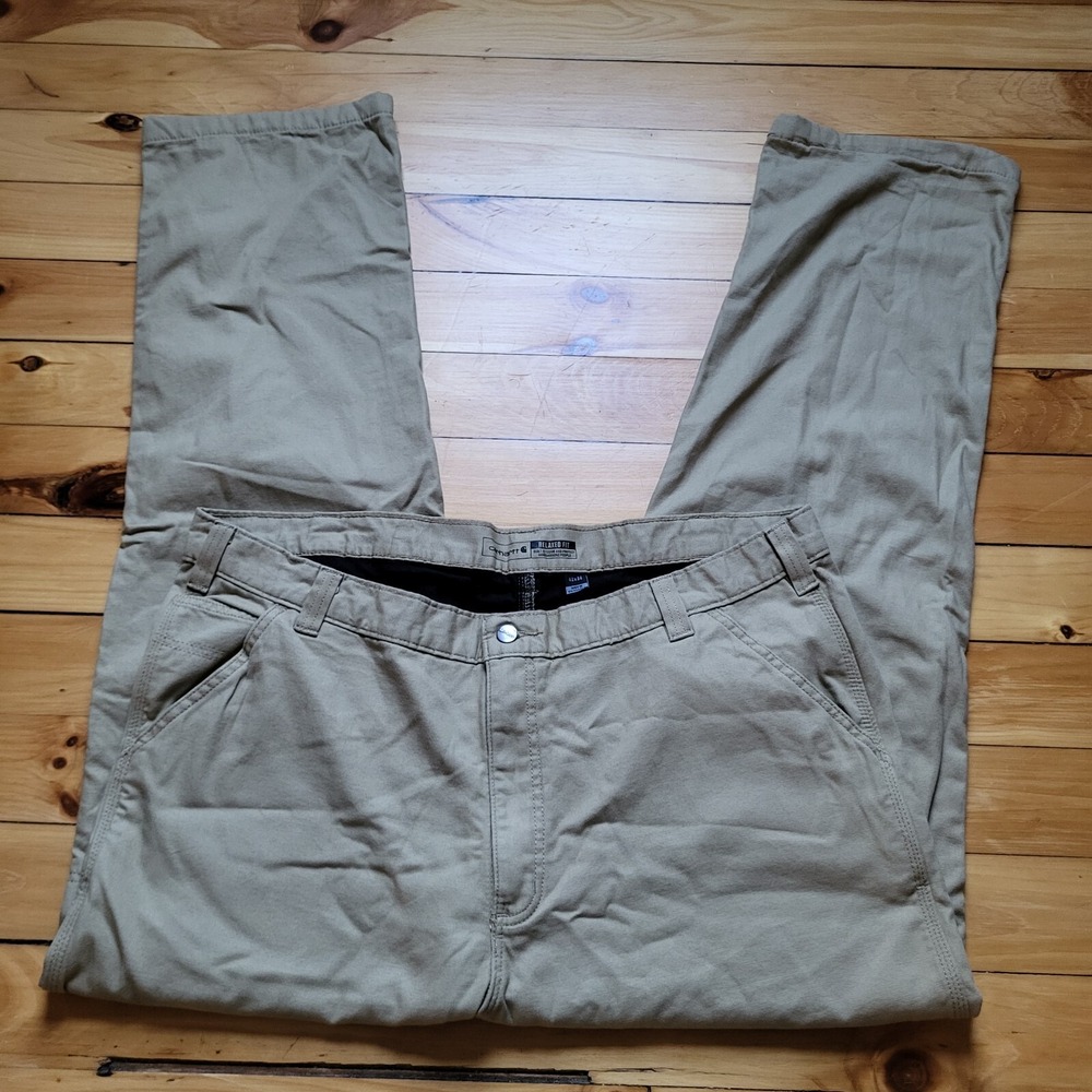 Carhartt Lined Work Pants Mens 42/34 Beige Rugged Flex Canvas Thermal Utility